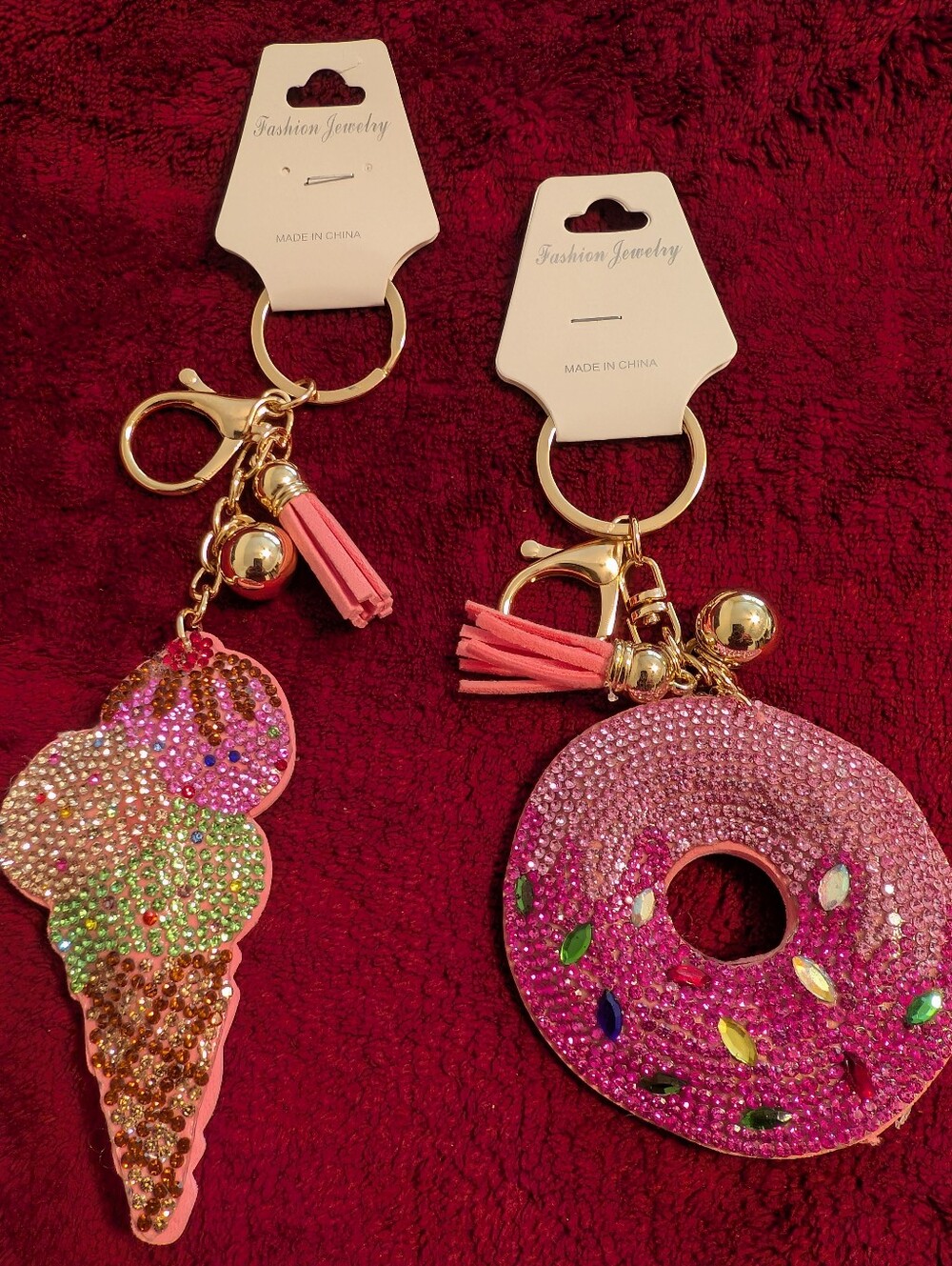 Fashion Jewelry Pink Rhinestone Donut and Ice Cream Charm Bag Charm Keychain Set